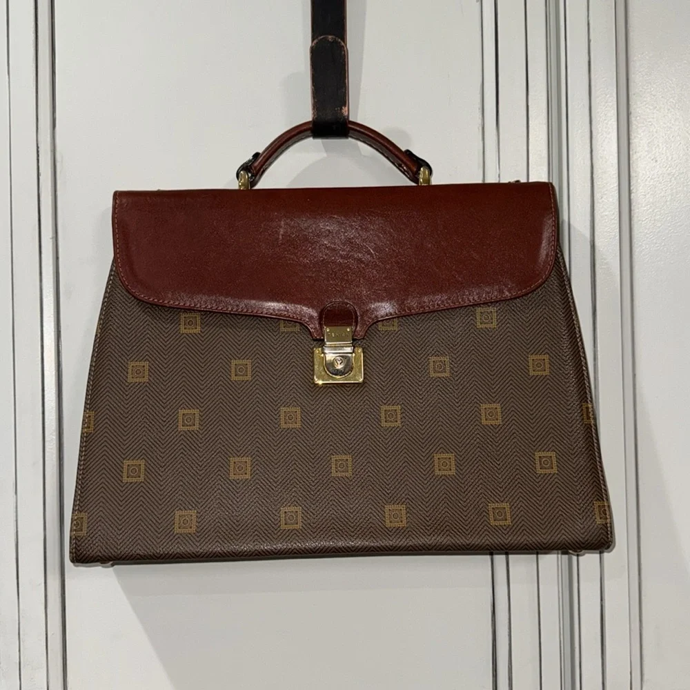 Vintage Texier Brown leather Italian briefcase laptop travel bag man-purse gold